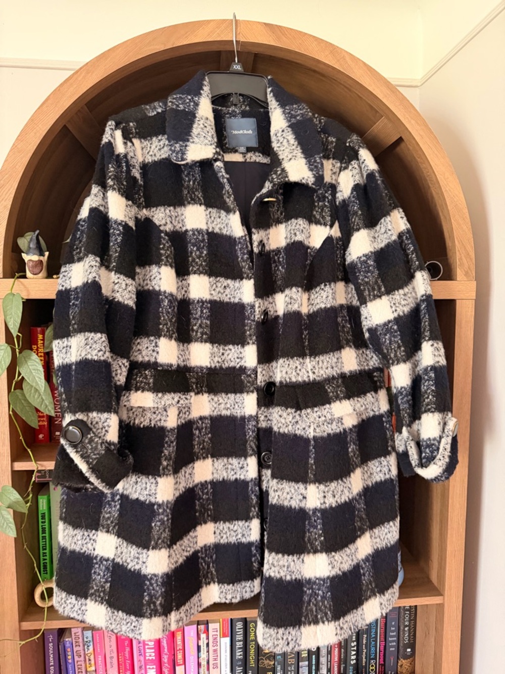 Modcloth Black Navy & White Plaid Pea Coat